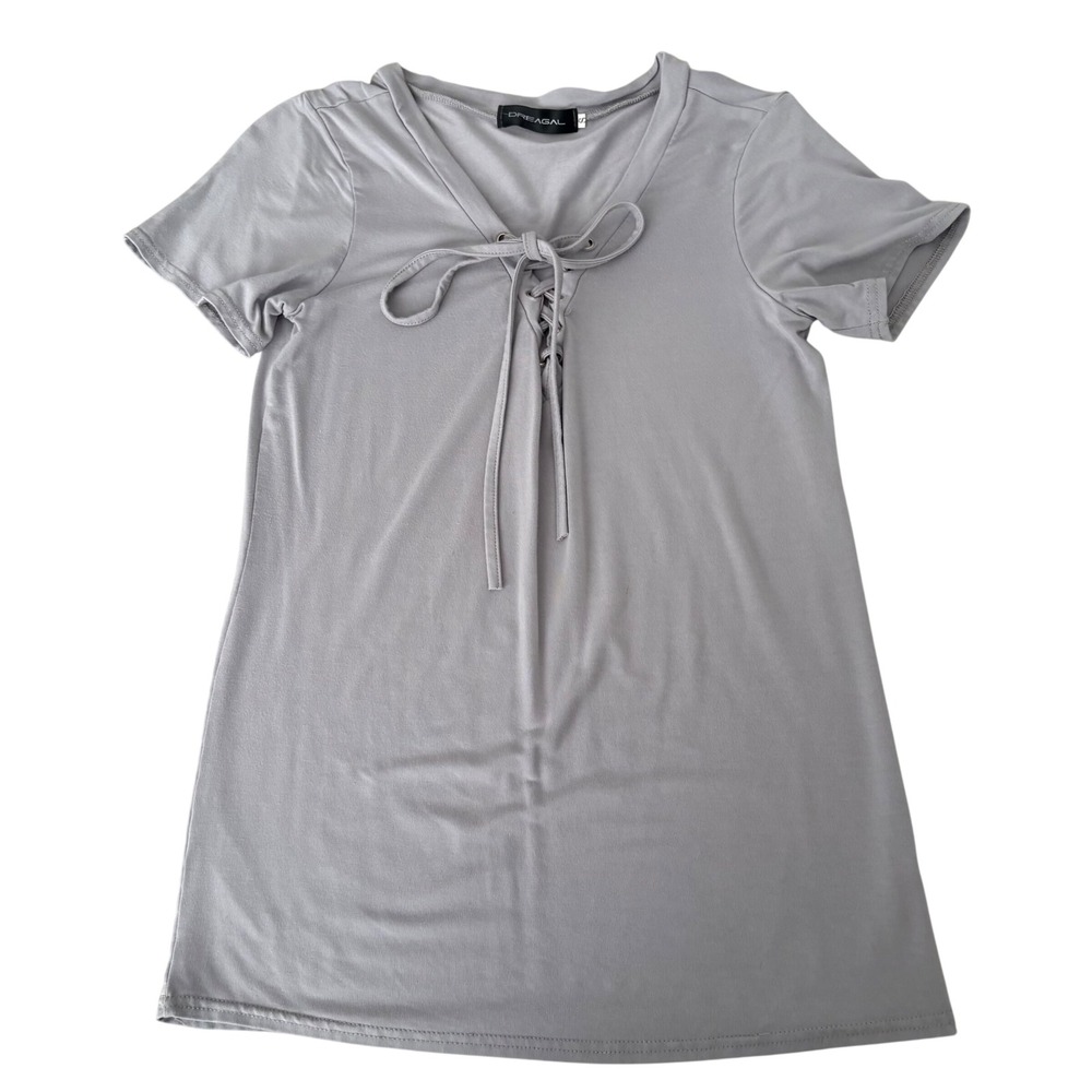Dreagal Grey Lace Up V-Neck Short Sleeve Top Small Cotton Blend soft Casual